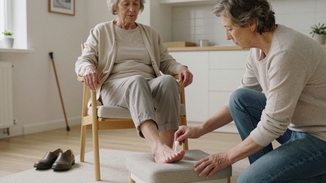 Woman caring for another's foot in a cosy living room, both wearing casual clothes.