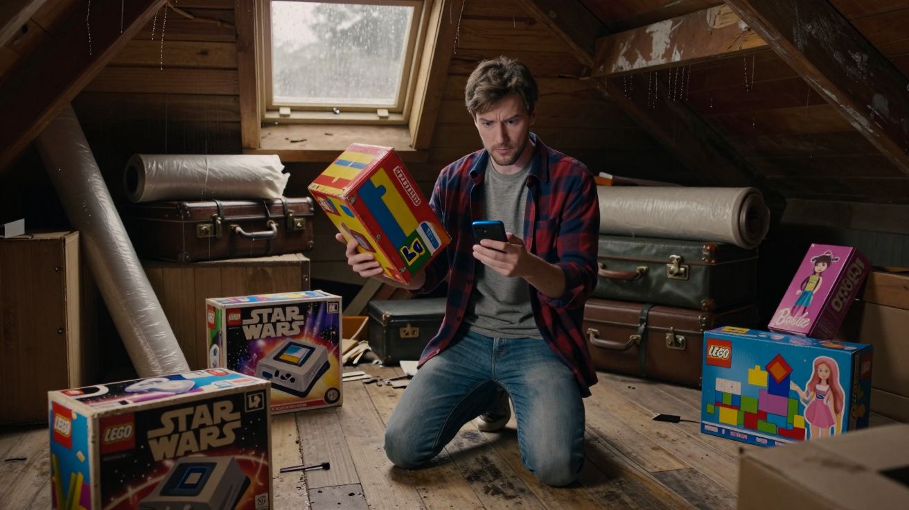 Man in an attic looks at his phone, surrounded by toy boxes including Star Wars and LEGO sets.