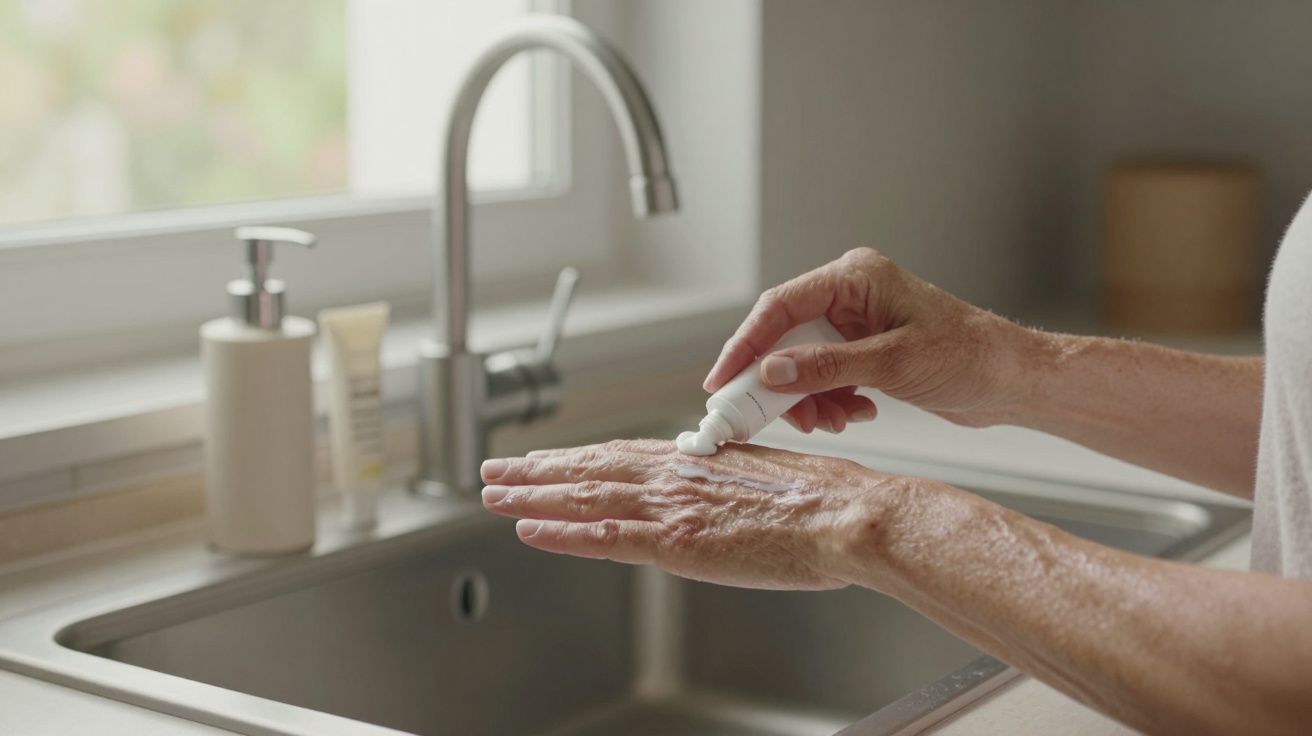 Applying lotion to hands by a kitchen sink with a blurred background.