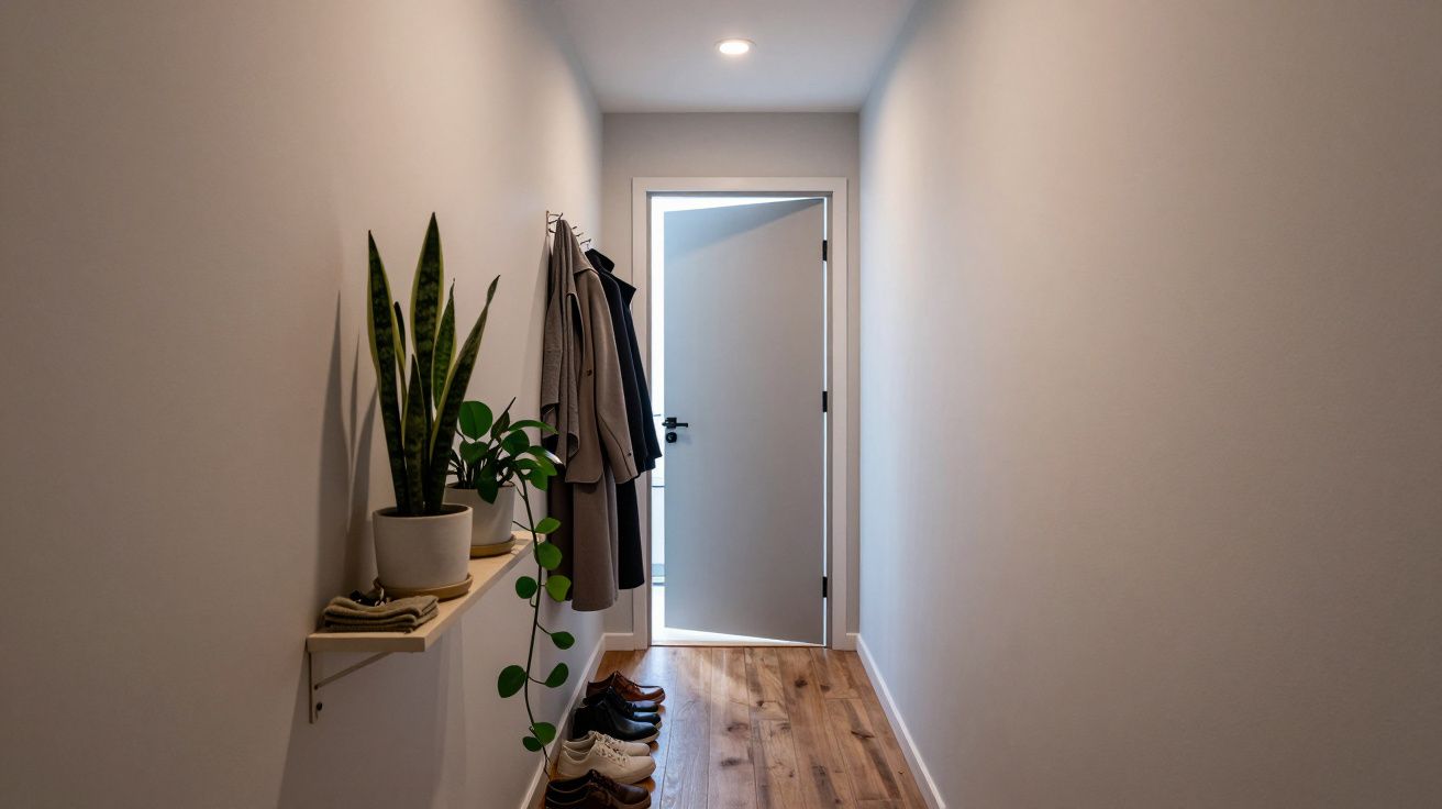 Minimalist hallway with potted plants, hanging coats, shoes, and open door at the end.