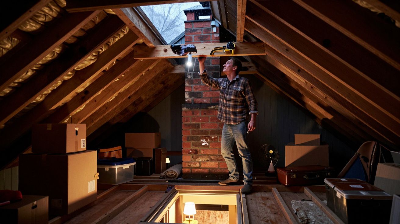Man inspecting attic roof near chimney, surrounded by boxes and a ceiling light, during daytime.