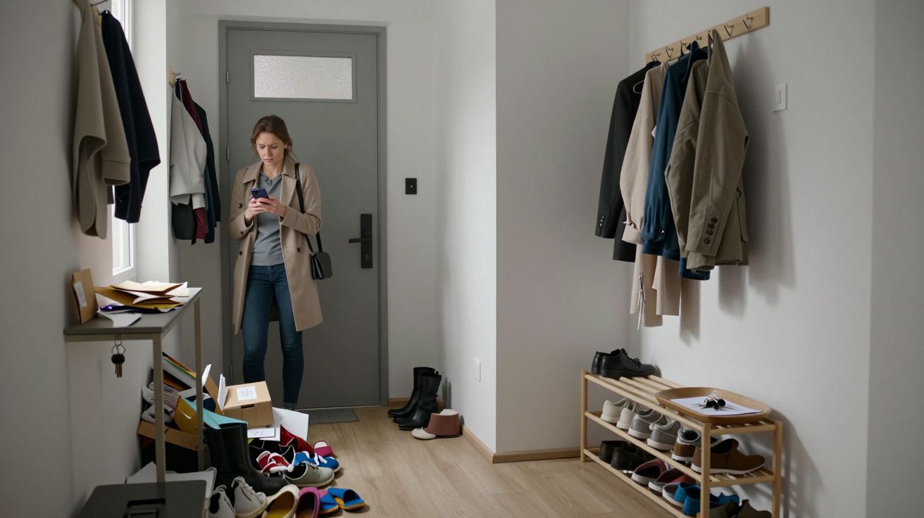 Woman stands by door on phone; hallway with coats, shoes, and parcels scattered on floor.