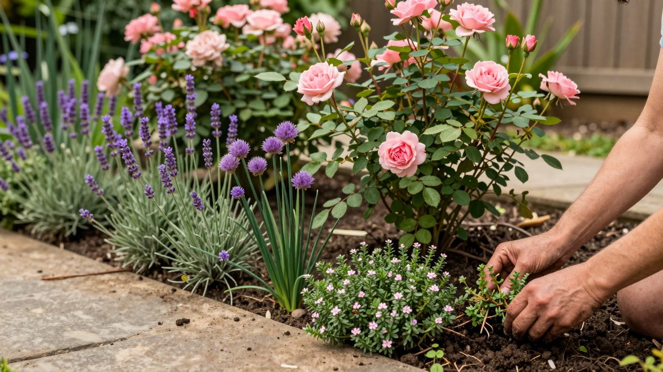 Person tending to a garden bed with pink roses, lavender, and other flowers next to a stone path.