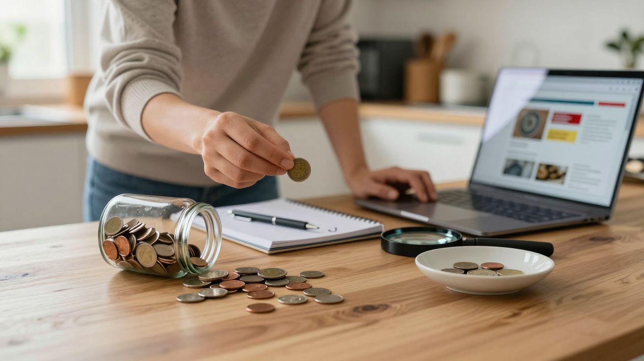 Person counting coins at a wooden table with an open laptop and notepad nearby.
