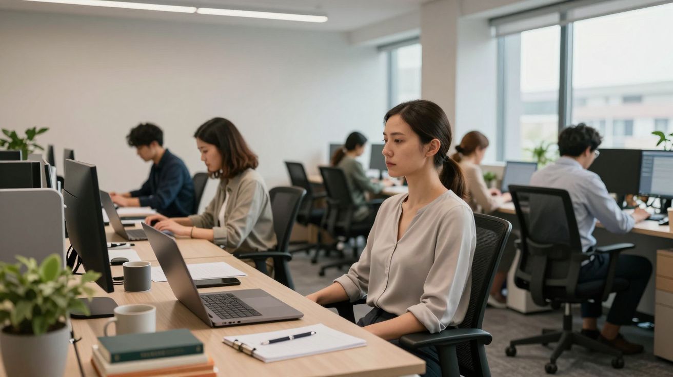 Office setting with people working at computers, natural light from windows, plants, and office supplies on desks.