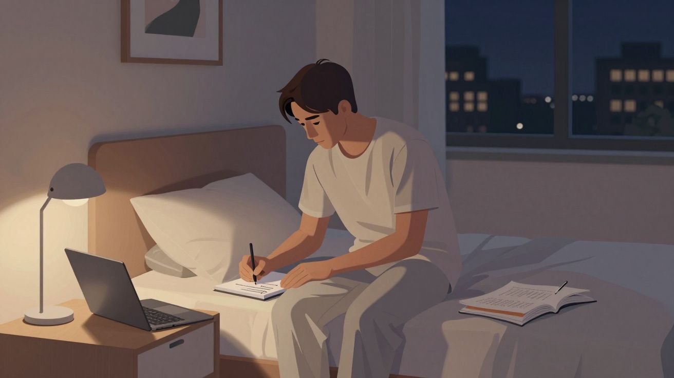 Person studying in a dimly lit room, sitting on a bed with a laptop, notebook, and open book, during the night.