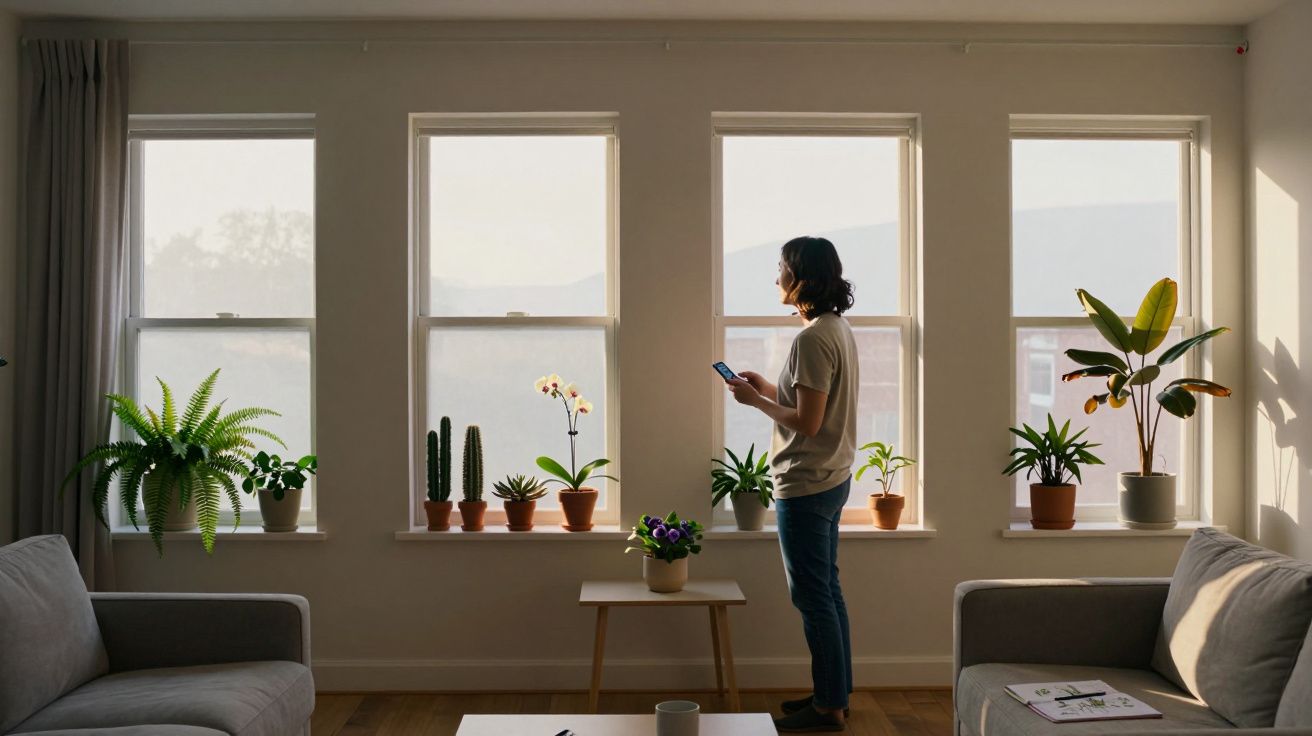 Person standing by windows with potted plants, holding a phone in a well-lit modern living room.