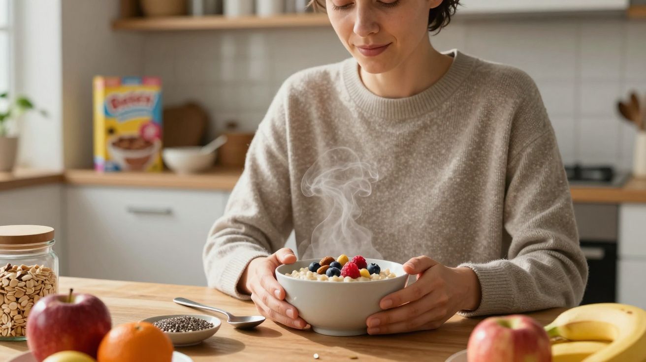 Person enjoying a steaming bowl of porridge with berries, surrounded by fresh fruit and a cozy kitchen setting.