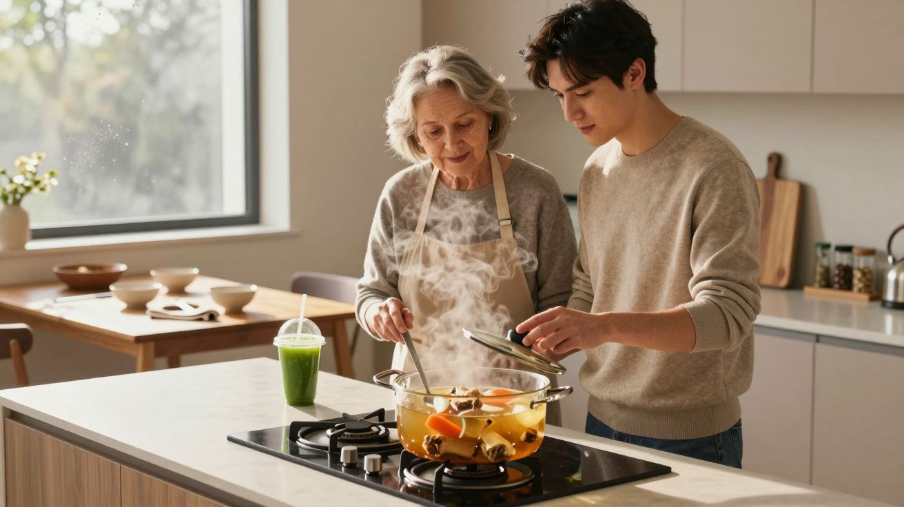 Elderly woman and young man cooking together in a modern kitchen with a glass pot on the hob and green drink nearby.