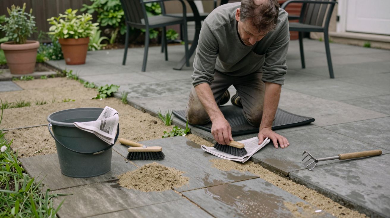 A person on hands and knees fixing patio slabs with sand, tools, and buckets on grey paving in a garden setting.