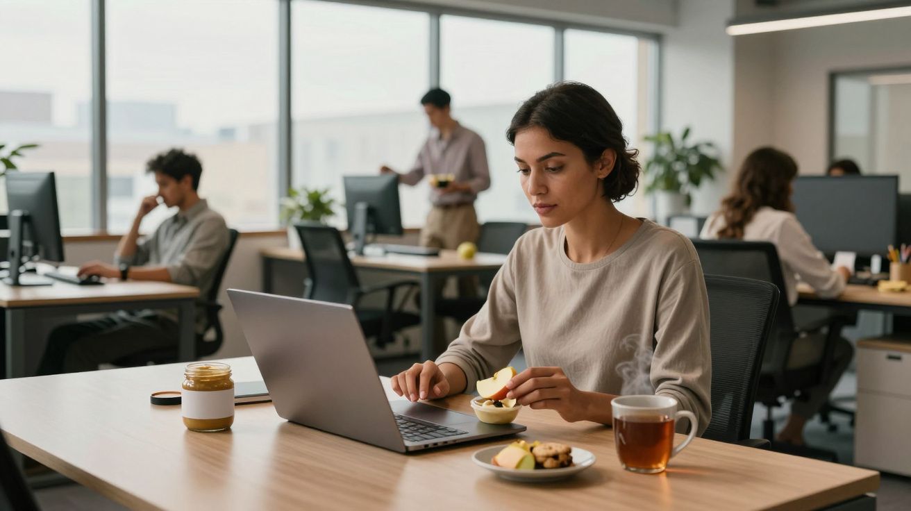 Woman working on a laptop at a desk with snacks and tea, in a modern open-plan office with colleagues in the background.