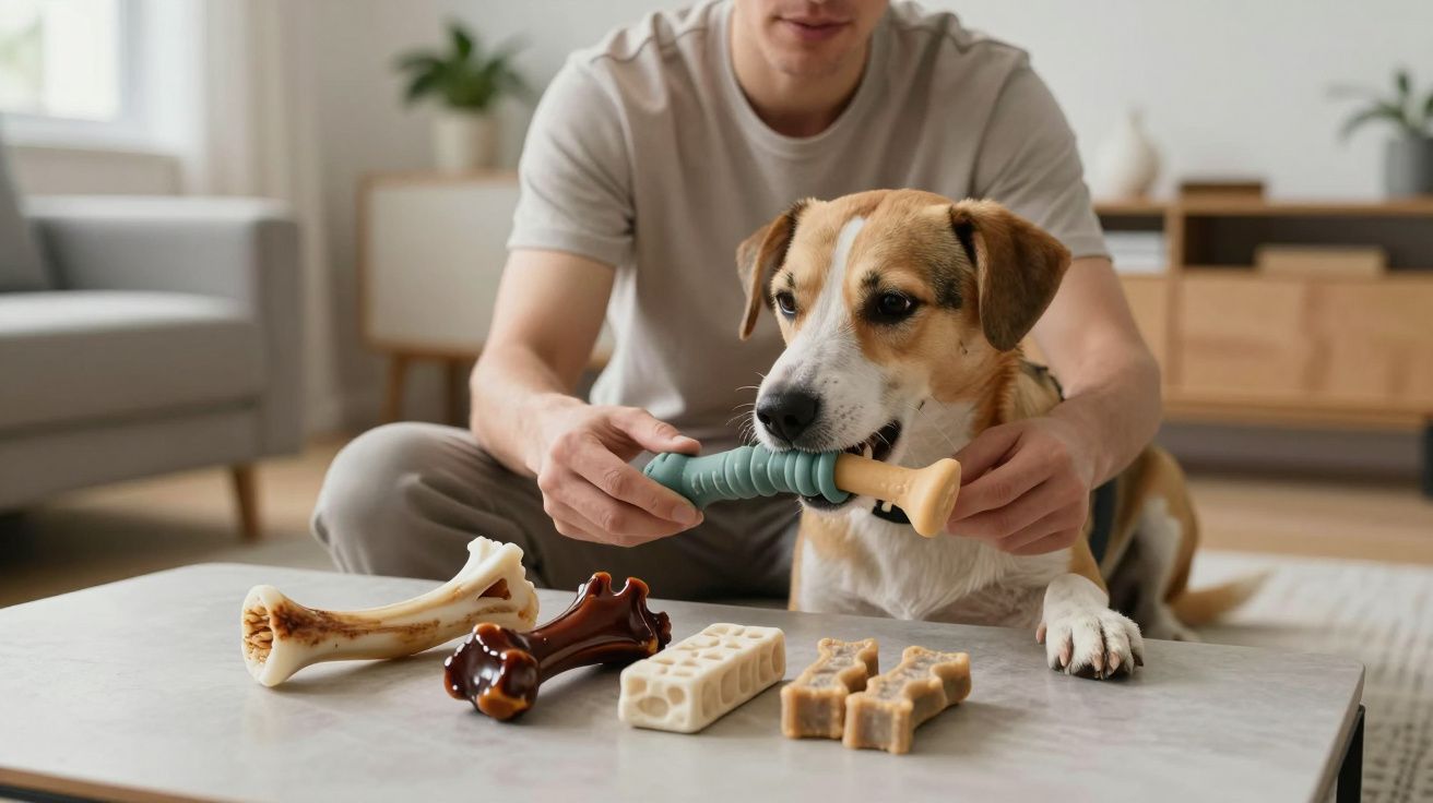 Man and dog sitting by a table with various chew toys, dog holds a blue toy in mouth, living room setting in background.