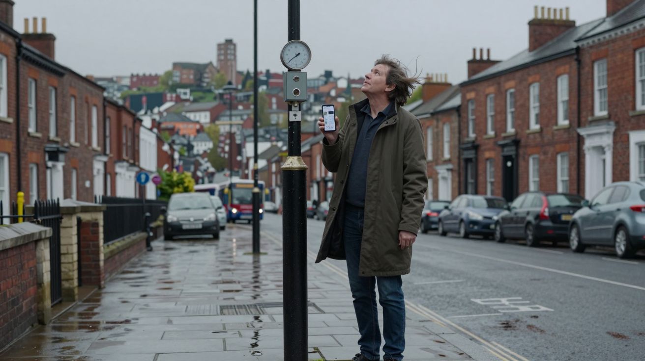 Man in coat leans on lamppost, holding phone, on wet street lined with terraced houses and parked cars.