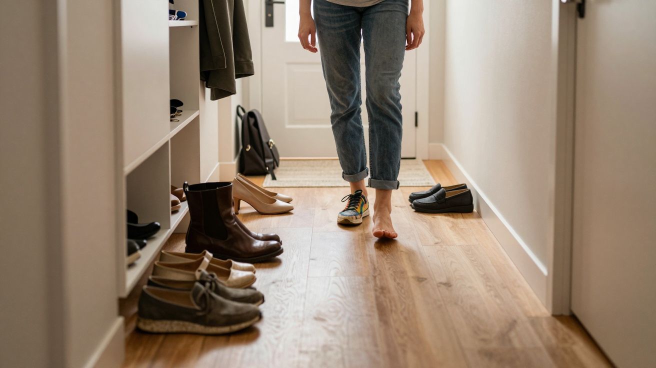Person walking barefoot in hallway with wooden floor, surrounded by various shoes and a door in the background.