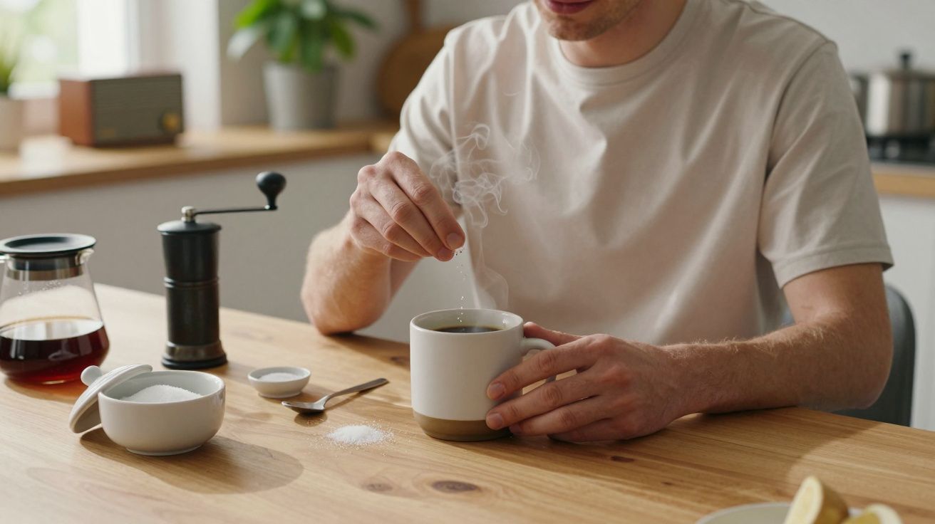 Man stirring a steaming cup of tea at a wooden table with sugar and coffee grinder nearby.