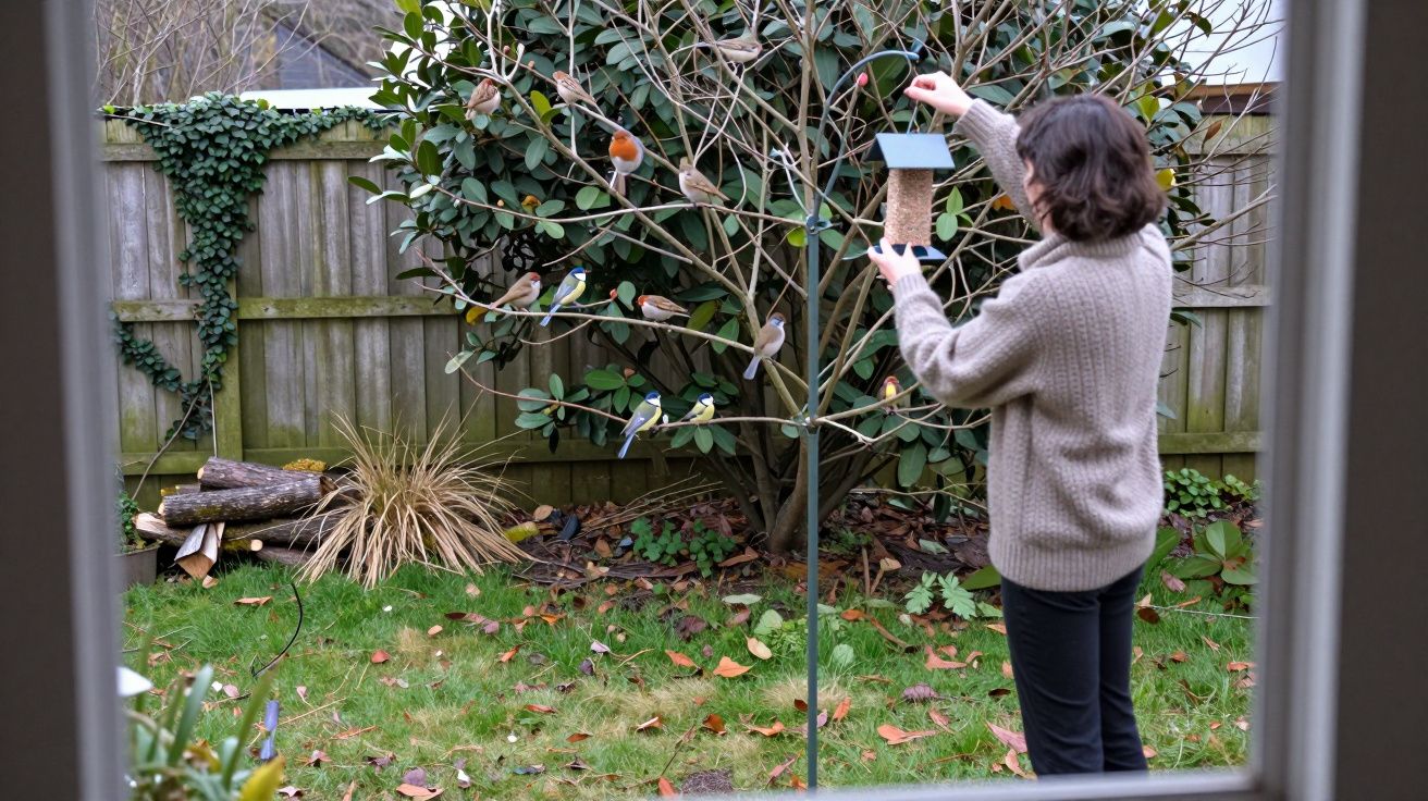 Person feeding birds from a hanging feeder in a garden, with various birds perched on a nearby tree.