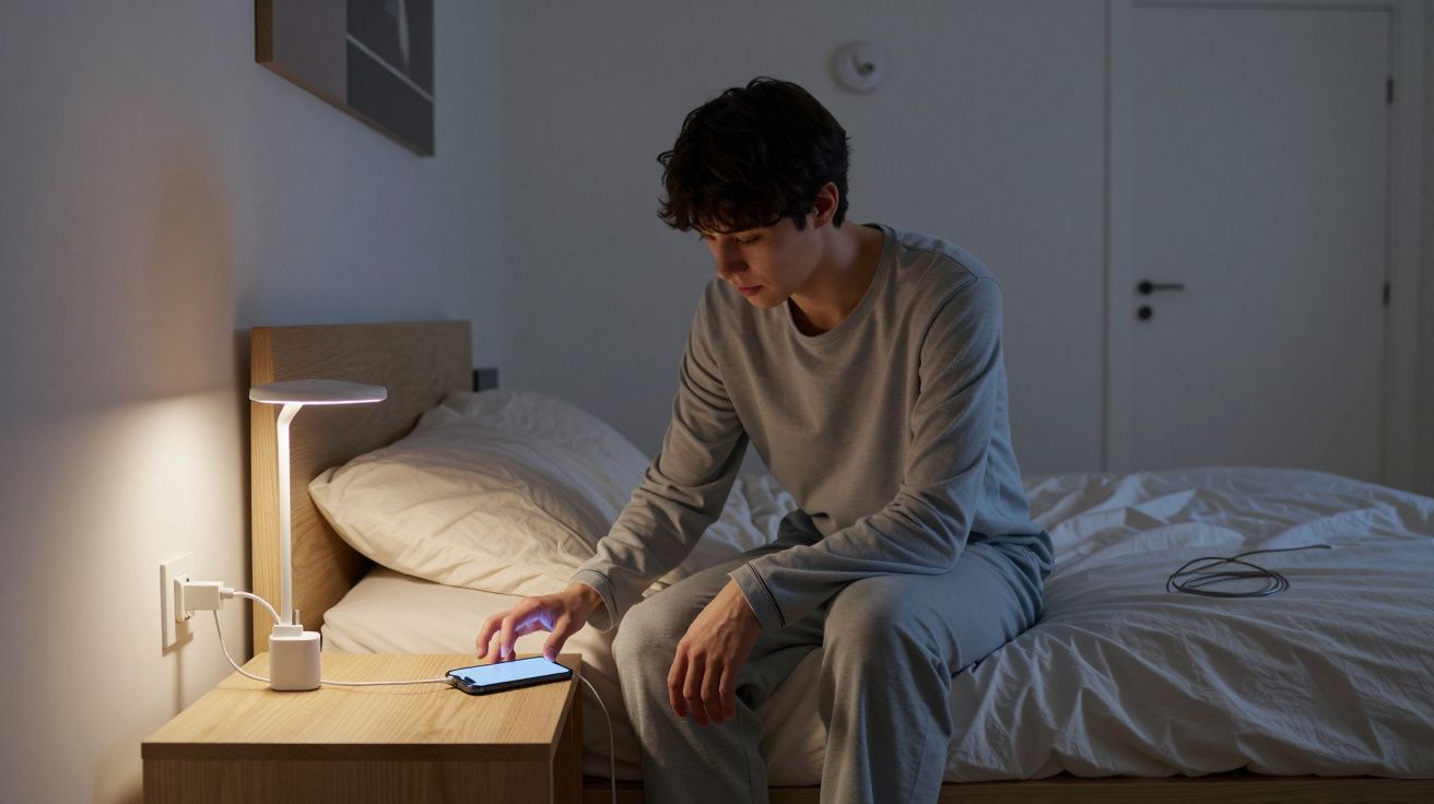 Person in grey pyjamas sits on bed using a tablet next to a lit bedside lamp.