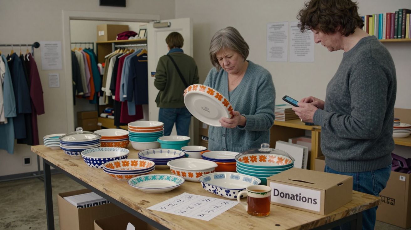 People sorting colourful pottery dishes at a donation centre table; donation box and clothing rack visible in background.