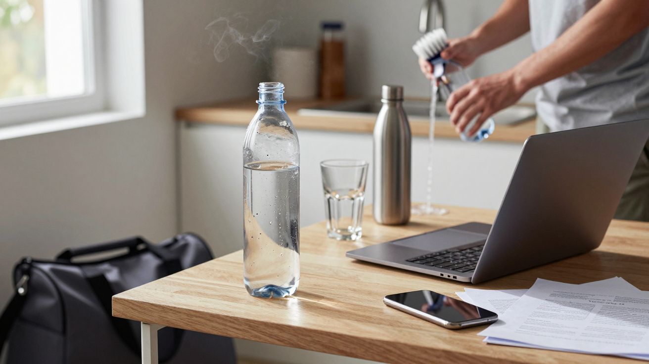 Person washing bottle in kitchen, laptop and mobile on table, with water bottle in foreground.