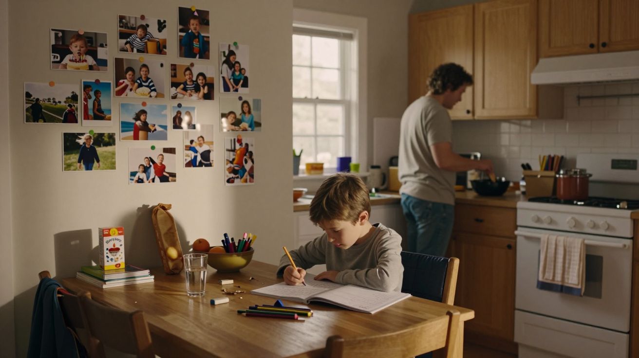 Child doing homework at a kitchen table, family photos on wall, adult cooking in the background.