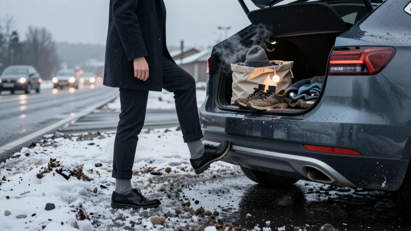 Person standing by snowy road, changing shoes from car boot.