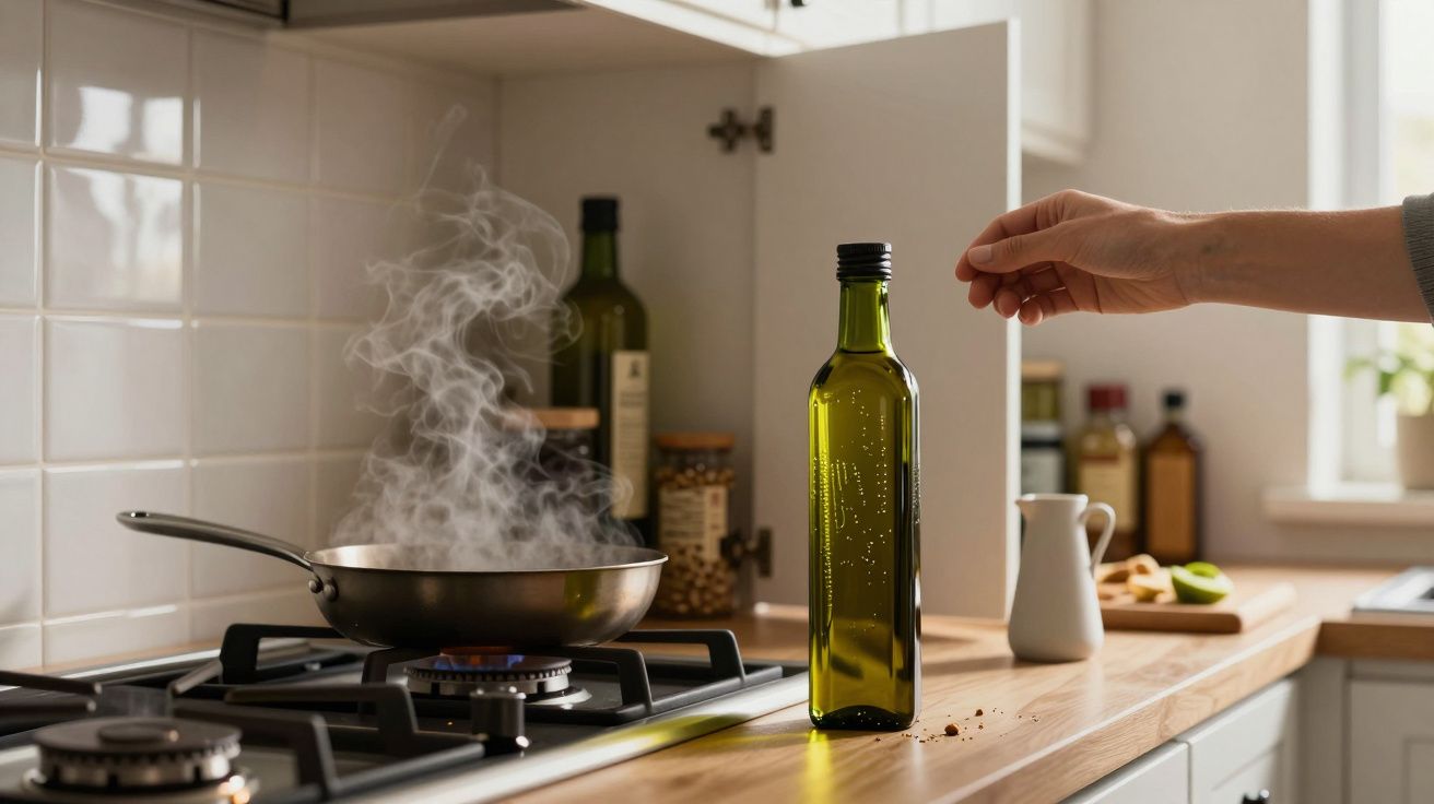 Hand reaching for olive oil bottle near steaming frying pan on kitchen hob.