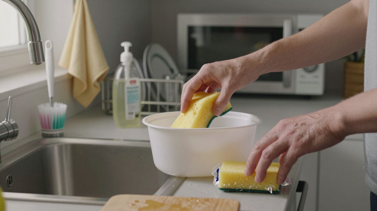 Person washing dishes with a yellow sponge in a kitchen sink, white bowl in hand, dish soap and cloth in the background.