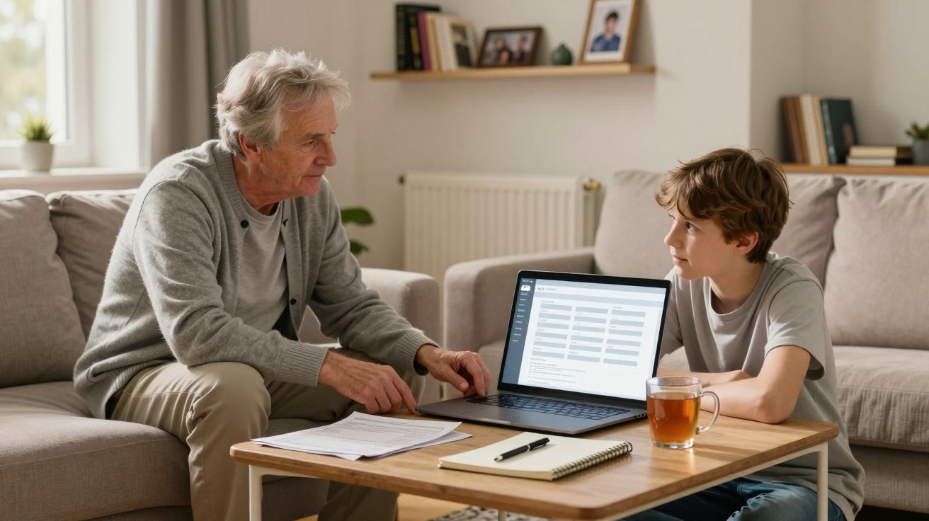 Elderly man and boy discussing in a cosy living room, laptop open on table, with papers and tea nearby.
