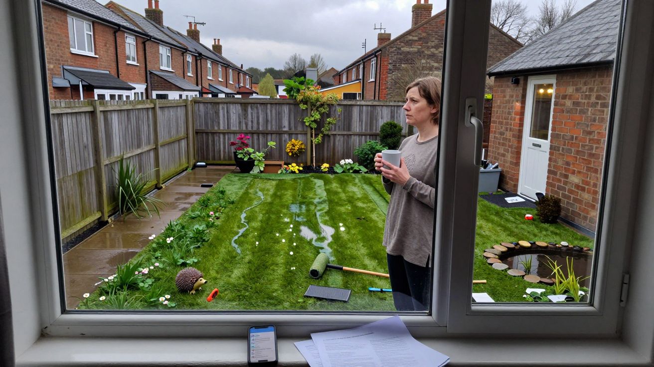 Woman holding a mug, standing in a garden viewed from a window, with lawn and pond features on a cloudy day.