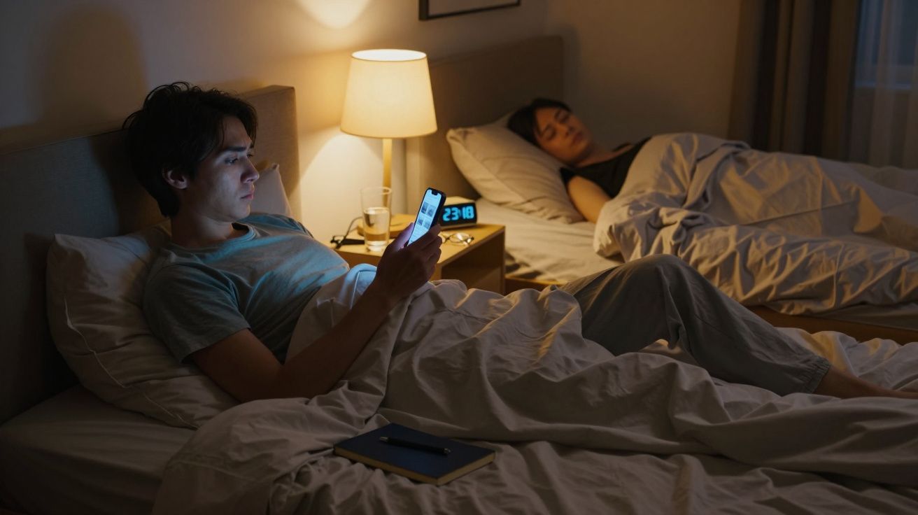Man in bed using phone, woman sleeping beside, room dimly lit by lamp, clock showing 23:18 on nightstand.