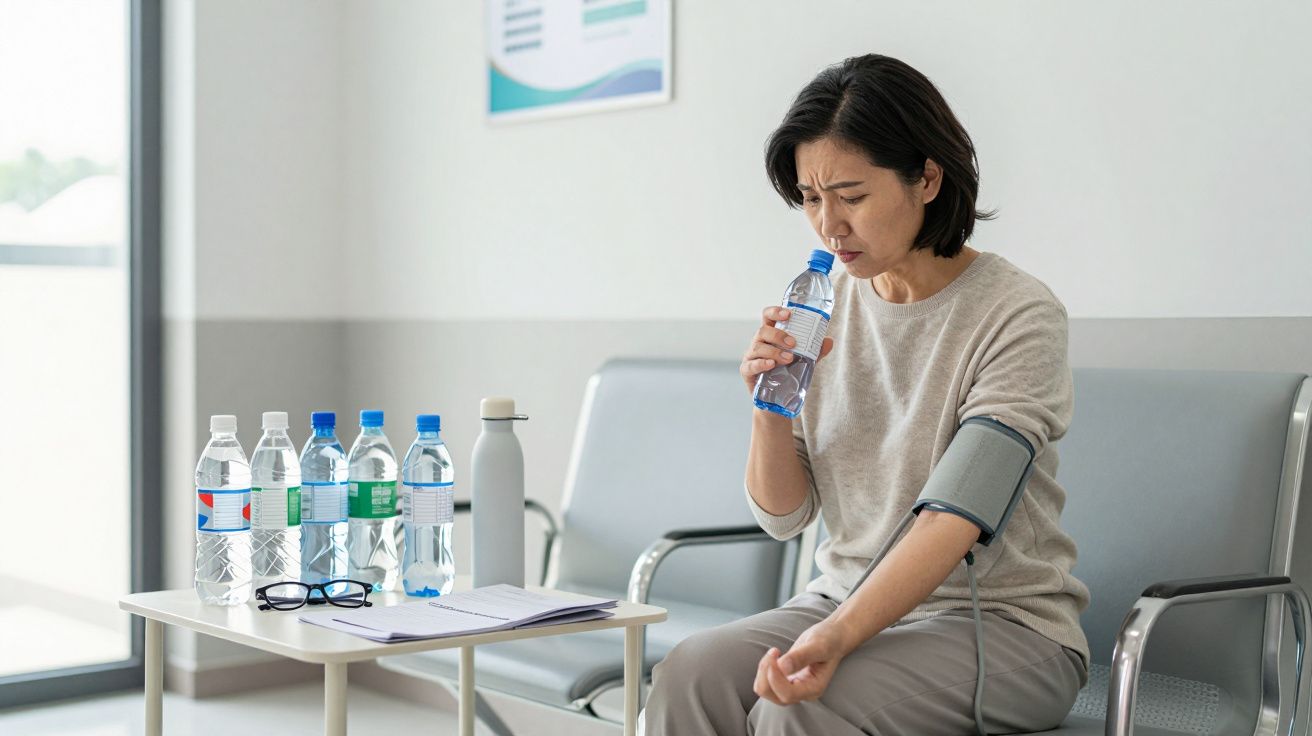 Woman with blood pressure cuff drinks water in clinic waiting area, surrounded by several water bottles.