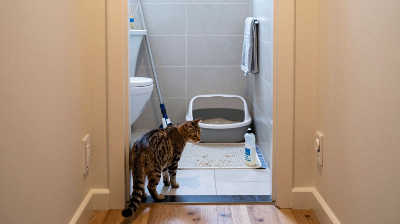 Tabby cat standing near a litter box in a small bathroom with a mop and cleaning supplies.