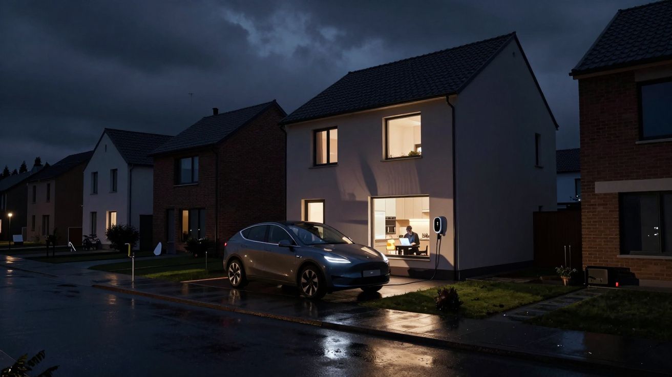 A modern house with large windows lit from within at night, an electric car parked outside on a wet street.