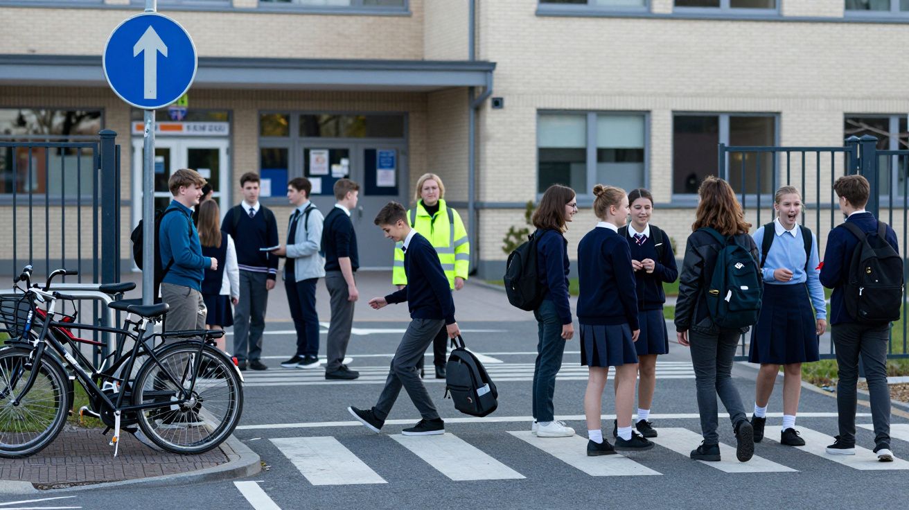Students in uniforms crossing a zebra crossing near a school entrance, with bicycles parked nearby.