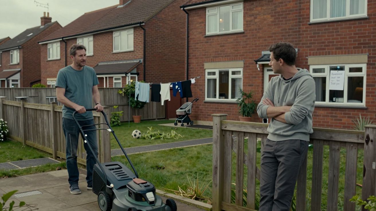 Two men chat in a garden, one mowing the lawn, with laundry hanging and a pram in the background outside brick houses.