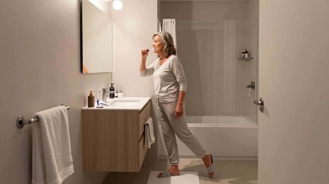Woman in pyjamas brushing teeth in modern bathroom, standing on bath mat near sink, towel on rail, bright lighting.