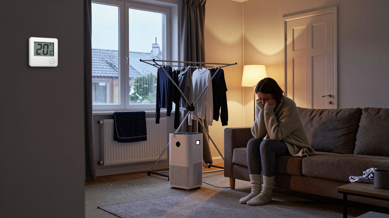 Woman seated on a sofa in a warm-lit living room, with a clothes rack and air purifier near the window.