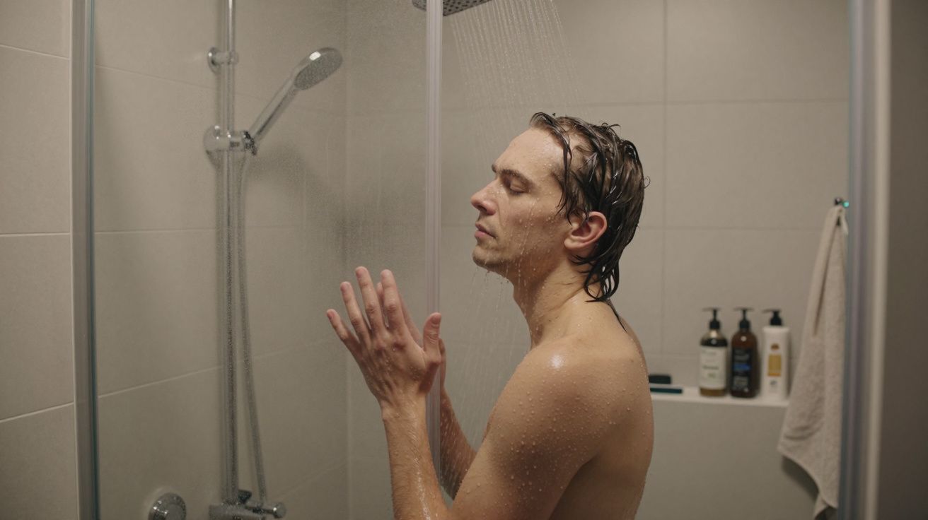 Man showering with closed eyes, water falling on him, bottles on shelf, towel hanging nearby.