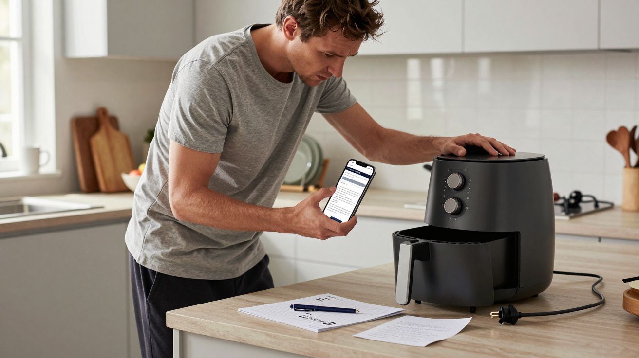 Man using a smartphone to follow air fryer instructions in a modern kitchen setting.
