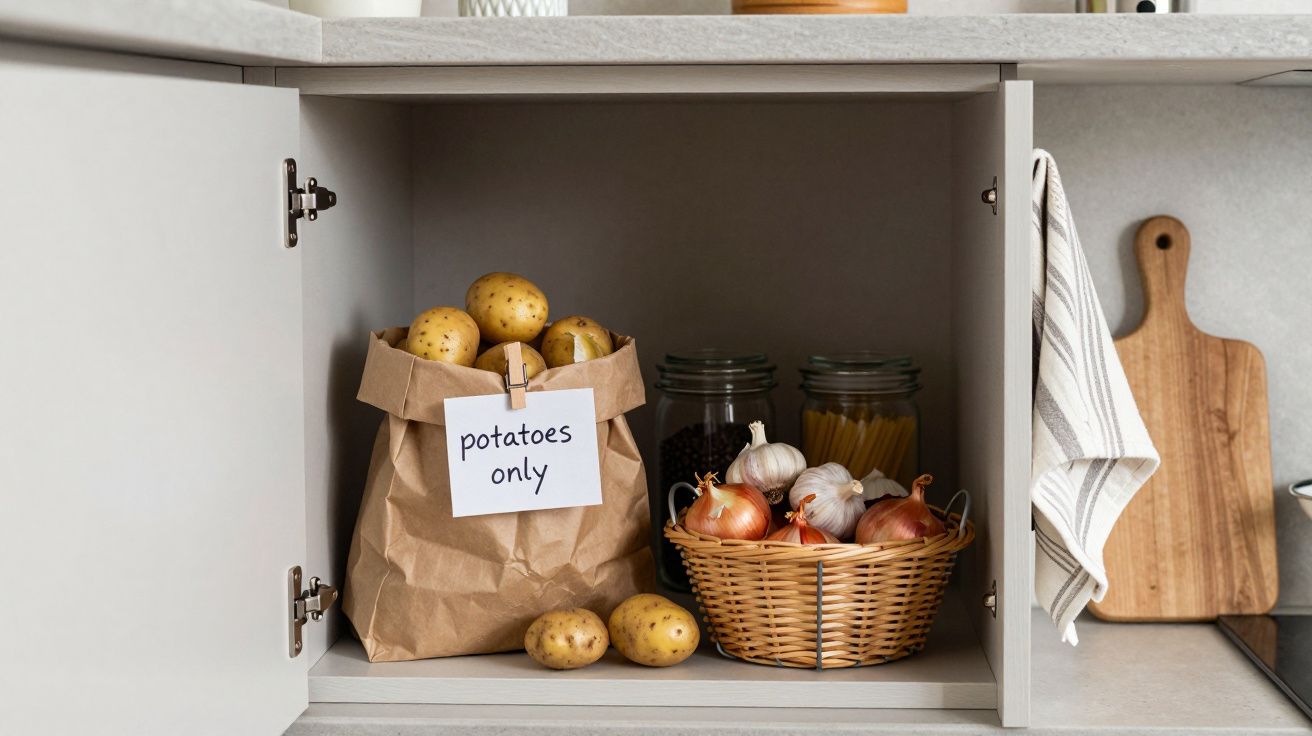 Open kitchen cupboard with a paper bag of potatoes, basket of onions and garlic, jars of pasta, and a striped towel.