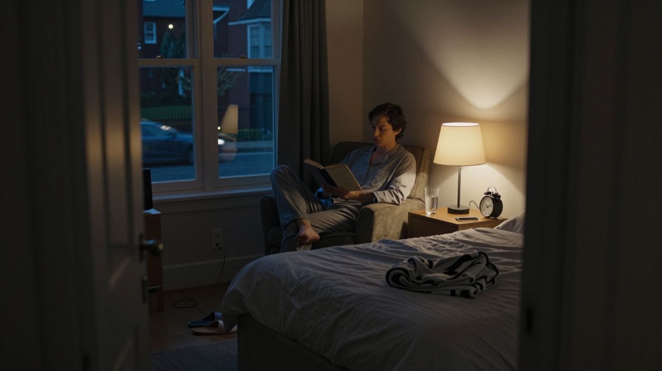 Person reading a book in a cosy bedroom at night, lamp on, with a bed and window in the background.