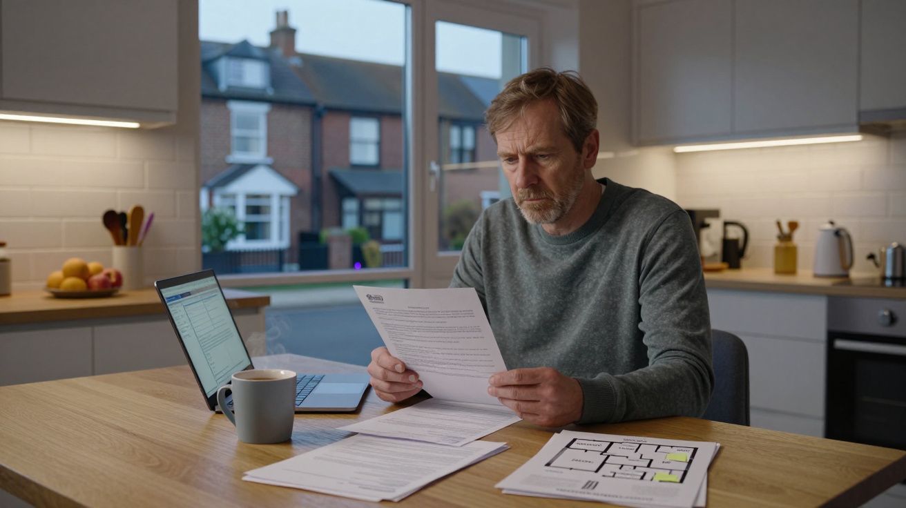 Man in kitchen reviews documents at table with laptop and coffee, window showing houses outside.