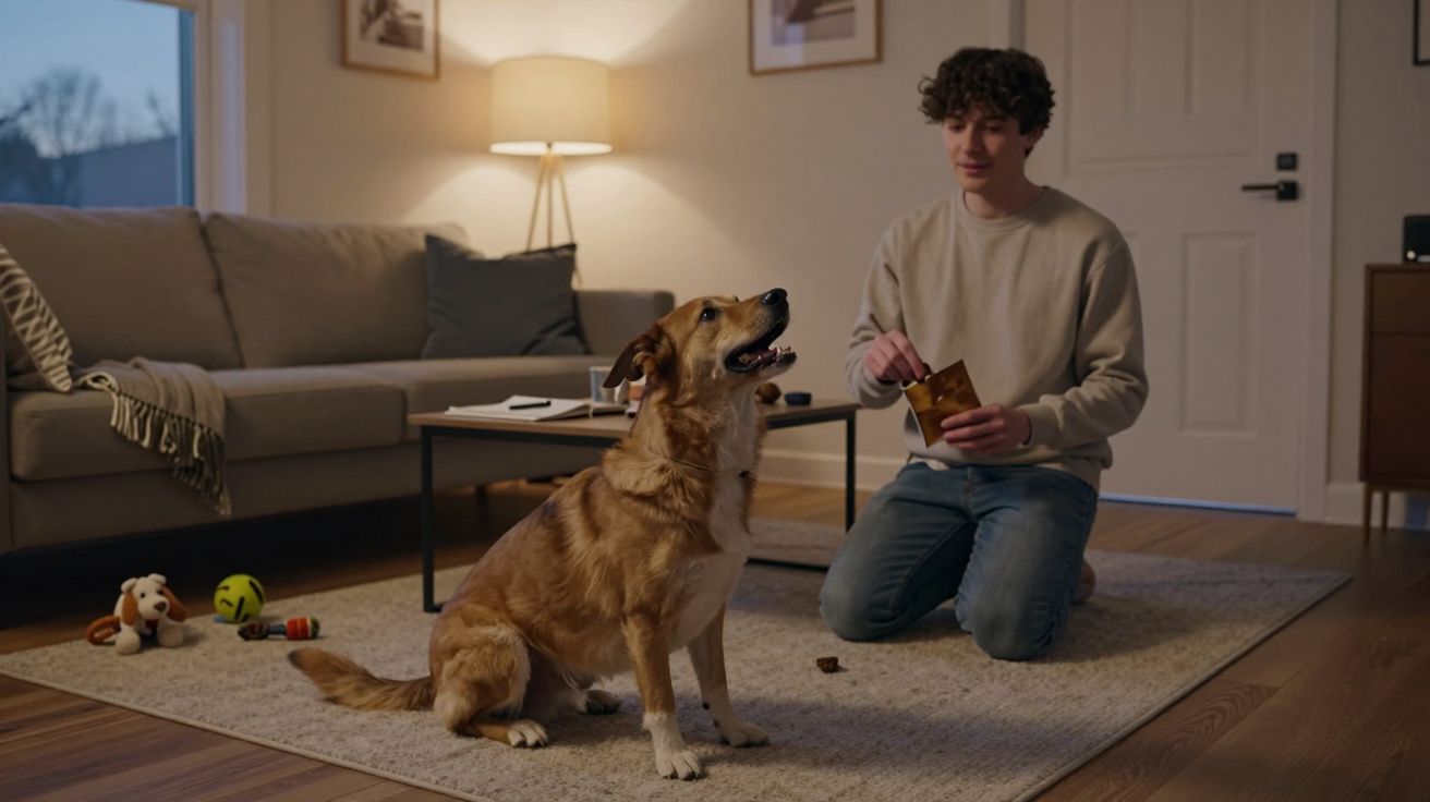 Young man kneeling and feeding a treat to a dog in a cosy living room with a sofa, toys, and warm lighting.