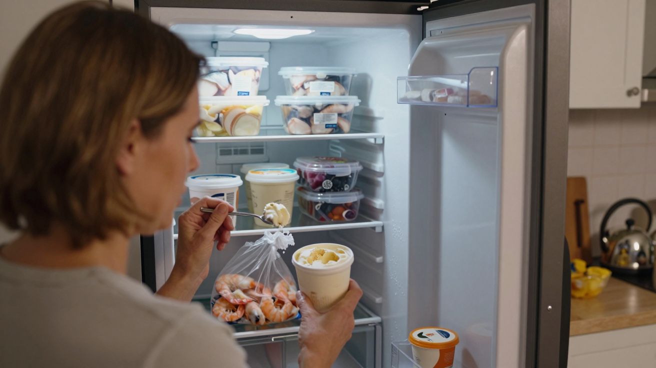 Woman holding a container of food, looking into a well-stocked fridge, with various tubs and bags on the shelves.