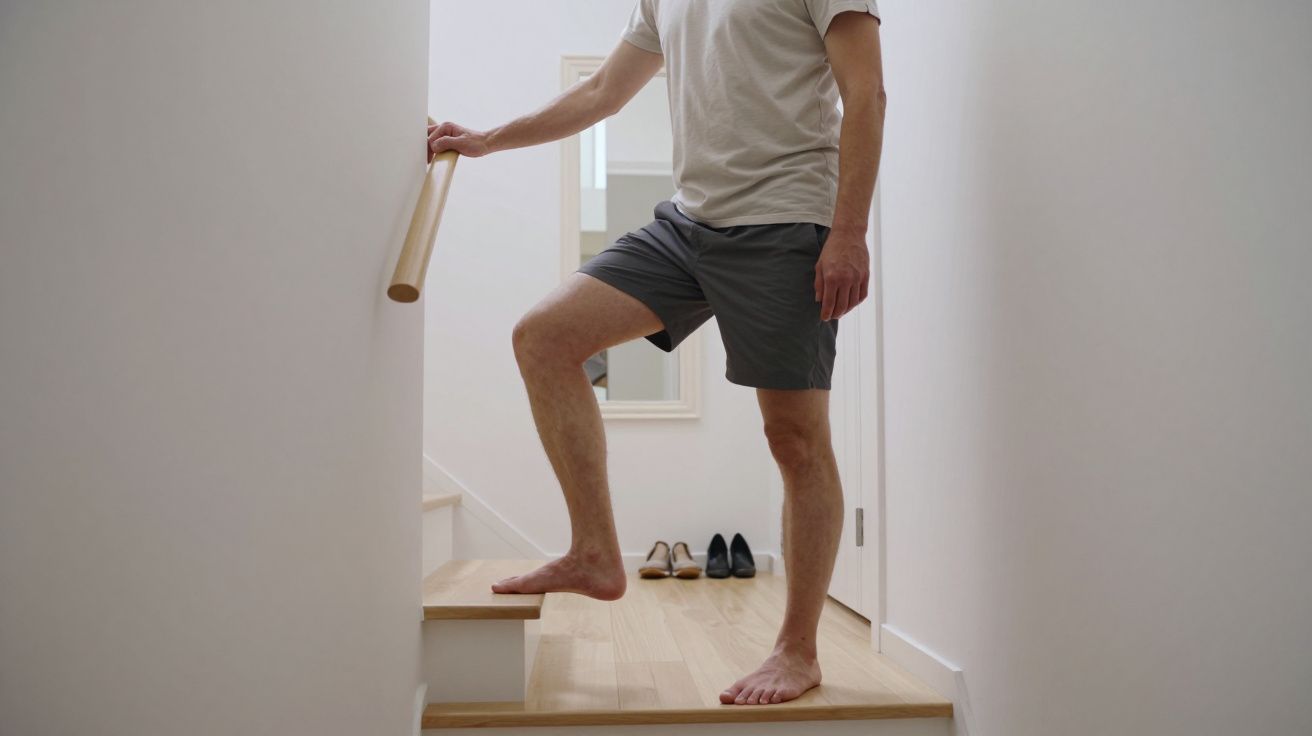 Person in shorts and T-shirt ascending wooden stairs, barefoot, holding a handrail, with shoes at top landing.