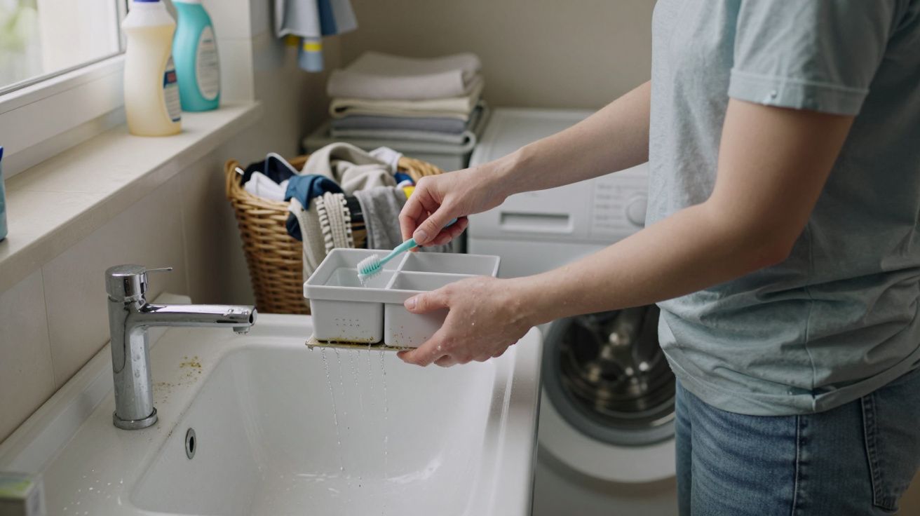 Person cleaning a washing machine detergent drawer with a toothbrush by a sink, basket of clothes and washer nearby.