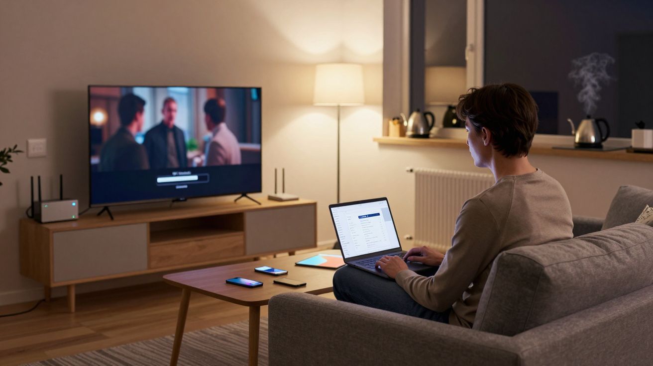 Person on a sofa using a laptop with a TV on, multiple devices on a table, and a warm, homey living room setting.